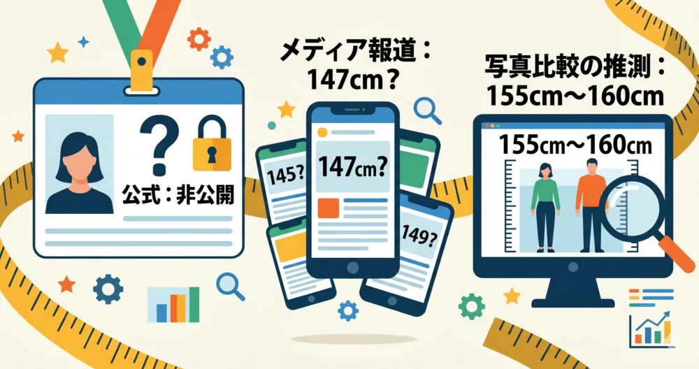 公式には非公表となっている身長データと、ネットメディアによる147cmや155cmの推測数値を比較した図解イラスト