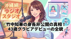 竹中知華の身長非公開の真相とグラマラス体型の秘密、43歳でのグラビアデビューの歩みをまとめたイラストアイキャッチ画像
