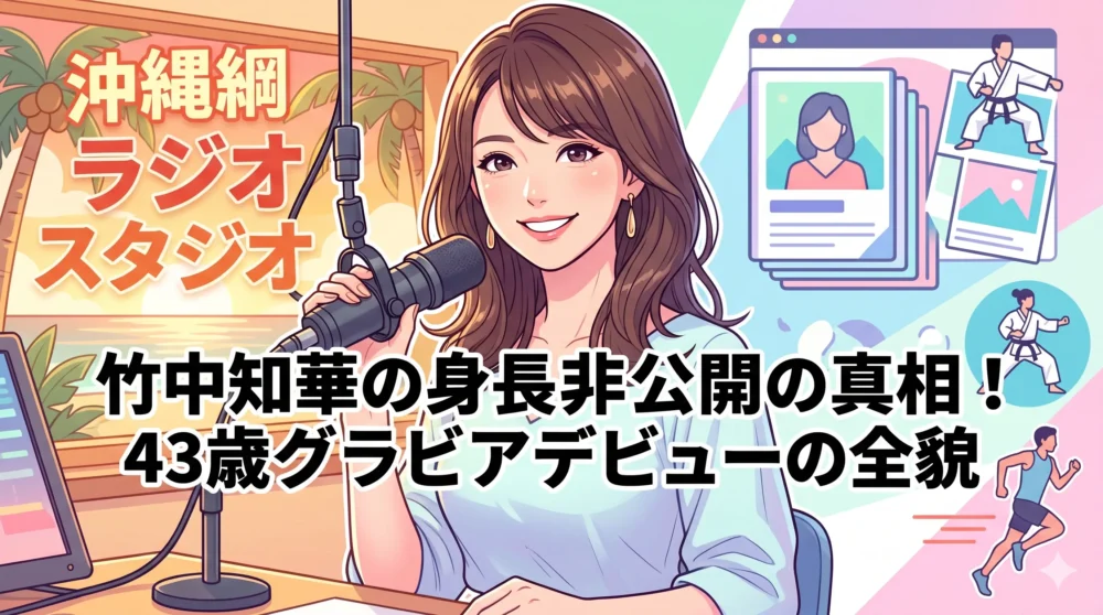 竹中知華の身長非公開の真相とグラマラス体型の秘密、43歳でのグラビアデビューの歩みをまとめたイラストアイキャッチ画像