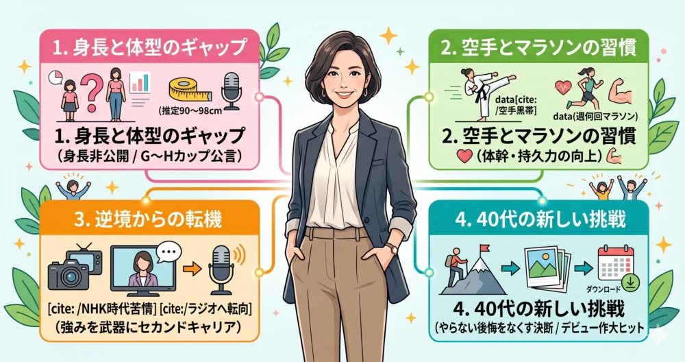 小柄な身長とグラマラスな体型のギャップ、日々の努力が生み出す彼女の魅力の全貌をまとめた総括イラスト