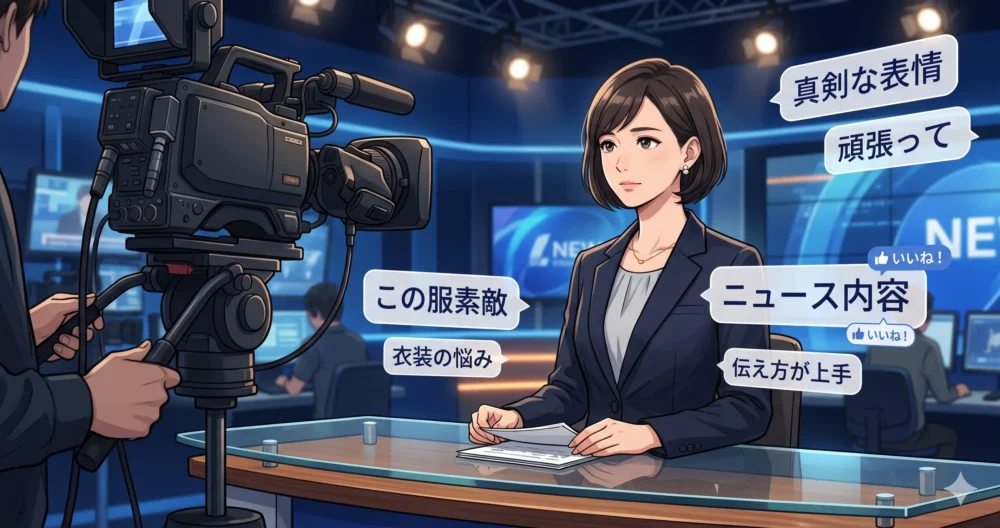 テレビのニュース番組に出演するアナウンサーが外見への意見や苦情のプレッシャーに向き合う様子を描いたイラスト