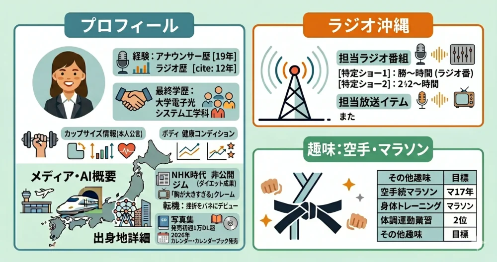 フリーアナウンサー竹中知華の生年月日、出身地、趣味の空手やマラソンなどの基本情報をまとめたプロフィール図解イラスト