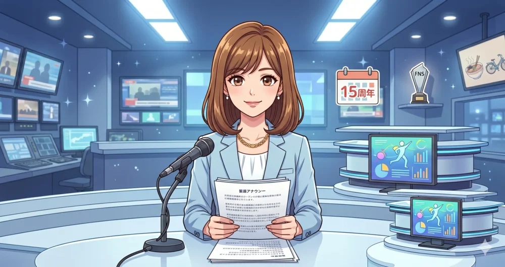 フジテレビのニュース番組のスタジオで原稿を持つ知的な女性アナウンサーのイラスト