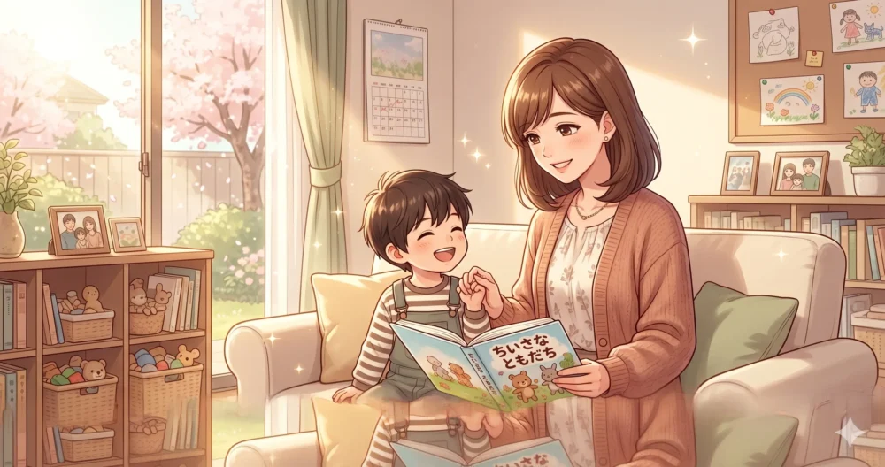 歳の息子と温かいリビングで過ごす元アナウンサーの母親のフリーイラスト