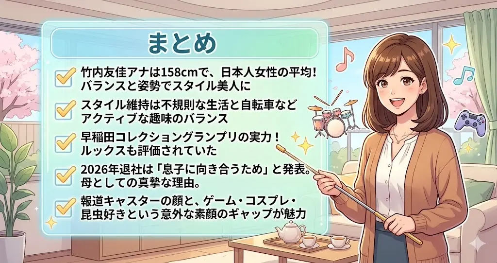 竹内友佳さんの身長や経歴・魅力を分かりやすくまとめた「まとめ」のイラスト図解