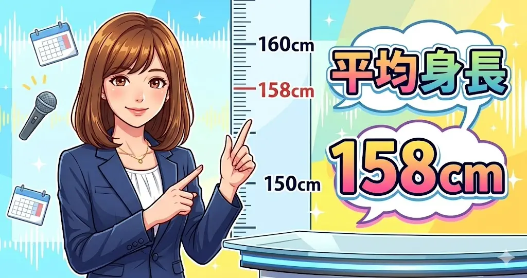 フジテレビ元アナウンサーの竹内友佳さんの身長158cmと日本人女性の平均身長を比較した分かりやすいイラスト図解