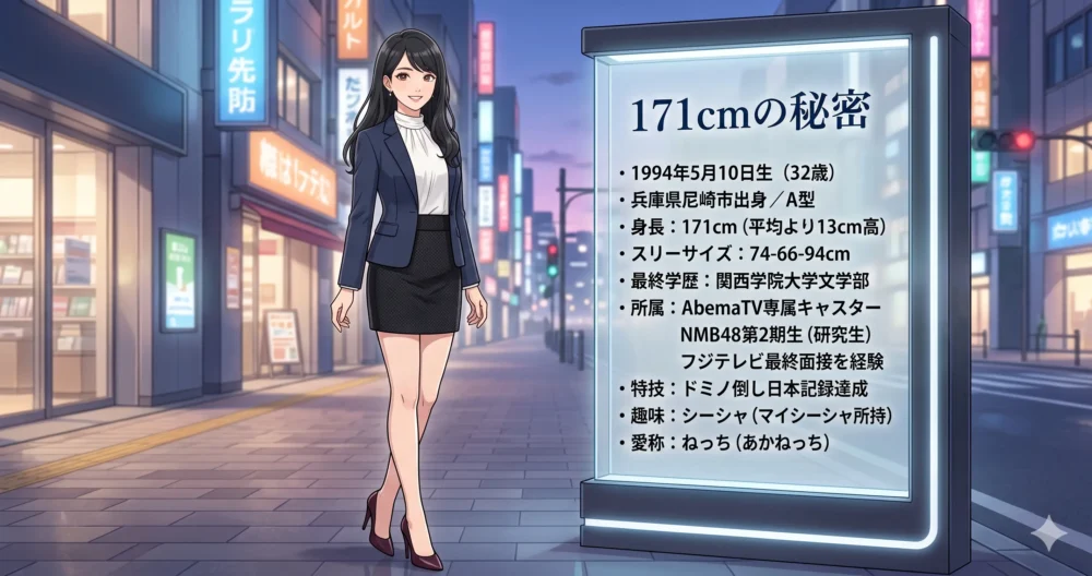 2026年からヒールを解禁し、171cmの圧倒的な美脚とスタイルが際立つ私服コーディネートの女性アナウンサーのイラスト。