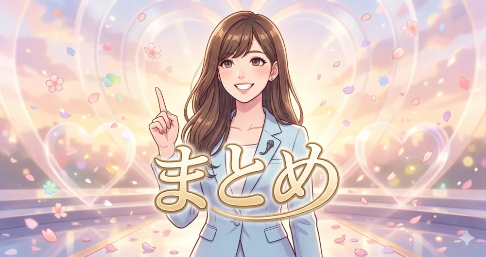 これまでの軌跡を振り返り、未来に向けて笑顔で一歩を踏み出す女性キャスターのまとめイラスト。