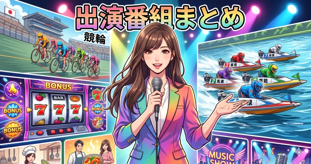競輪、パチンコ、ボートレースなど様々なスポーツやバラエティ番組をマルチに担当する女性キャスターの華やかなイラスト。