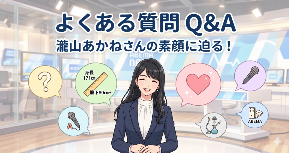 ユーザーからの質問（身長、体重、彼氏、NMB48時代）に対して、笑顔で答える女性アナウンサーのイラスト。