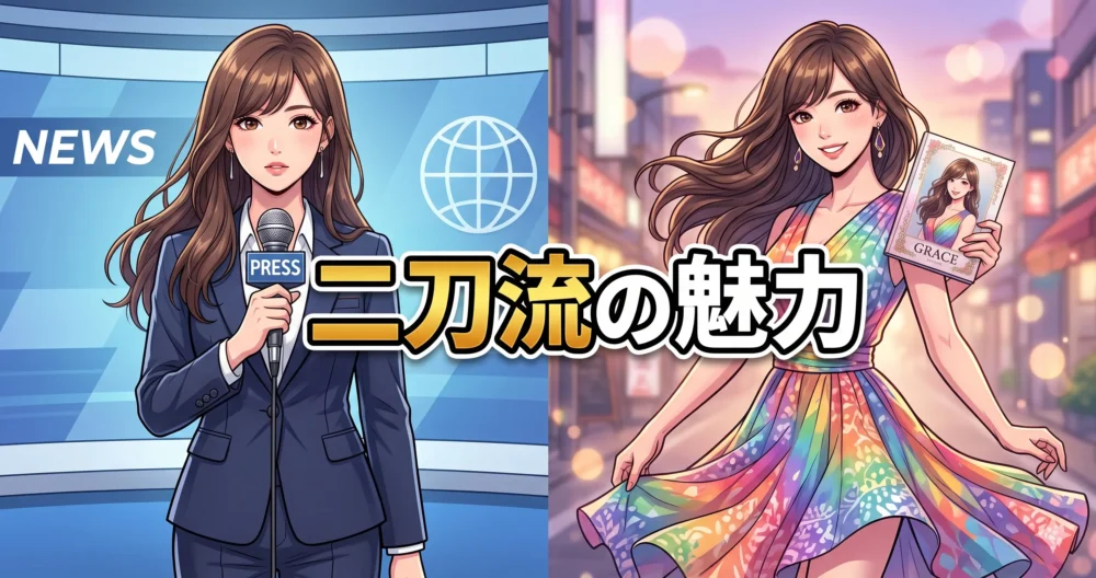 アナウンサーとしての知的な姿と、グラビア写真集の表紙のような華やかな姿を対比させた女性キャスターのイラスト。