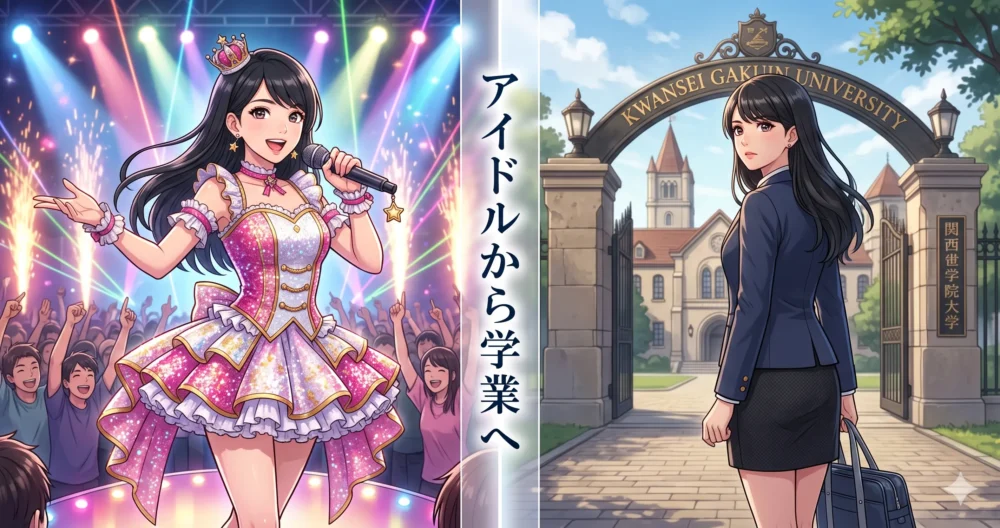 アイドル衣装から制服・学業へと進む道を選択する、切なくも前向きな女子高生アイドルのイラスト。