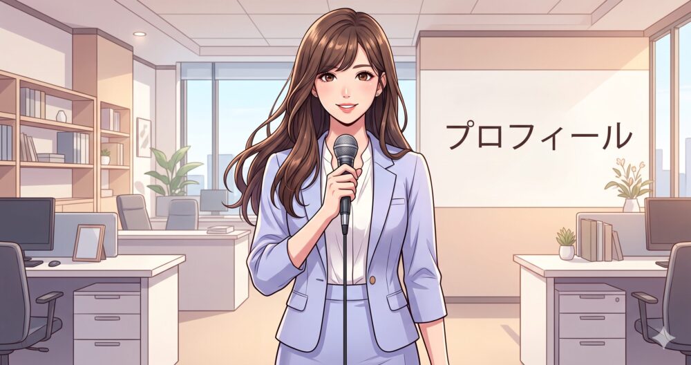 ABEMAの専属キャスターとして笑顔でマイクを持つ、高身長でスタイル抜群の女性アナウンサーのイラスト。背景には「プロフィール」の日本語文字。