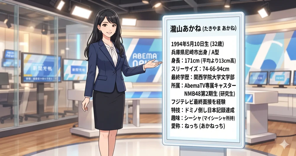 171cmの高身長でスタイル抜群の日本人女性アナウンサーが、笑顔でプロフィールボードを紹介しているイラスト。