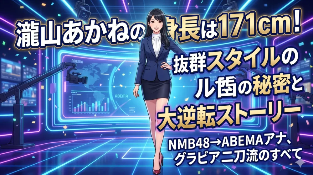 瀧山あかねの身長171cmとスタイル抜群の魅力を伝えるブログアイキャッチ画像。元NMB48からABEMA人気アナへの軌跡を解説。