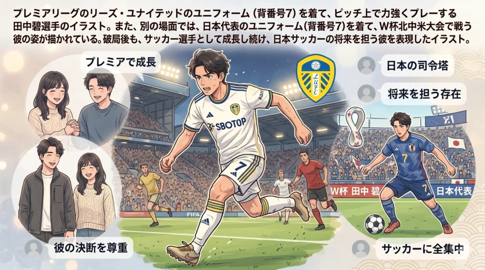破局後もリーズ・ユナイテッドや日本代表として活躍する田中碧のイラスト