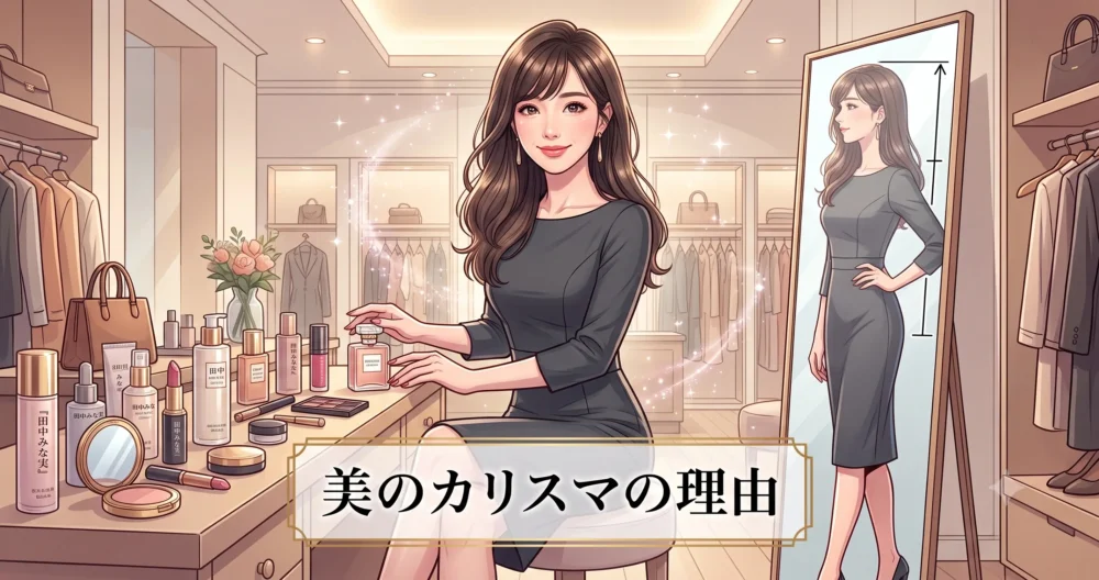 コスメやスキンケアを丁寧に愛用し、多くの女性から美のカリスマとして憧れられる女性のイラスト