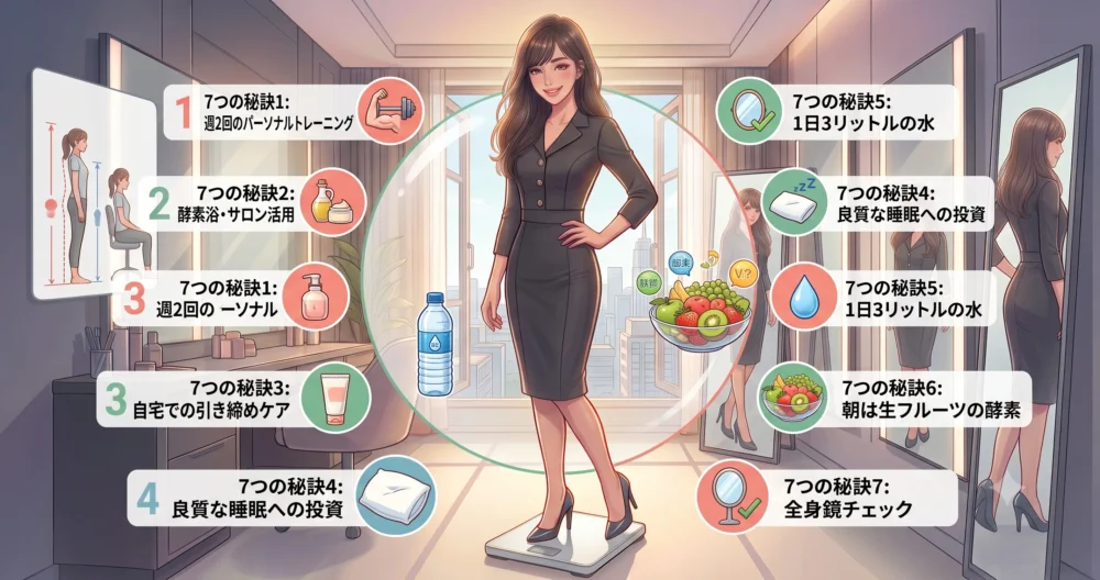 筋トレ、水分補給、美容習慣など、体型維持のための7つの秘訣をサークル状に配置した分かりやすい図解イラスト