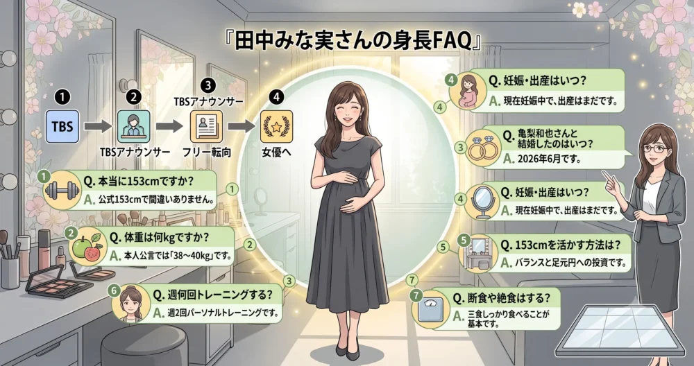 田中みな実さんの身長や体重、結婚に関する疑問を解決する、Q&A形式の分かりやすいインフォグラフィックイラスト