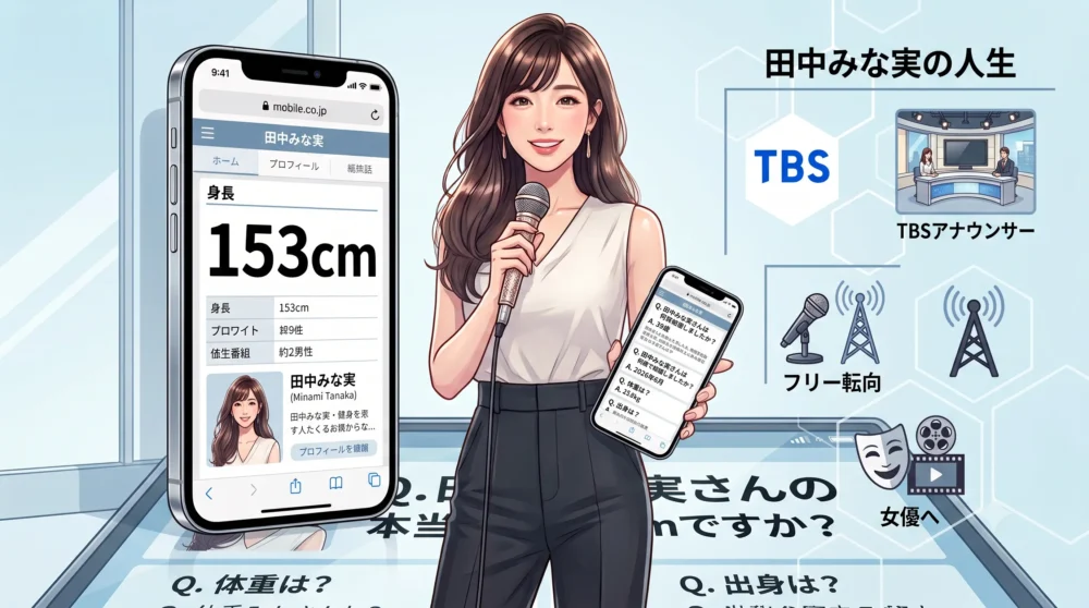 田中みな実さんの公式身長153cmを証明する、スマホ画面のWEBプロフィールと小柄でスタイリッシュな女性のイラスト