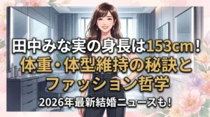 「田中みな実の身長は153cm！体重・維持の秘訣とファッション哲学」のタイトル文字が入った、華やかでクリックしたくなるブログアイキャッチ画像