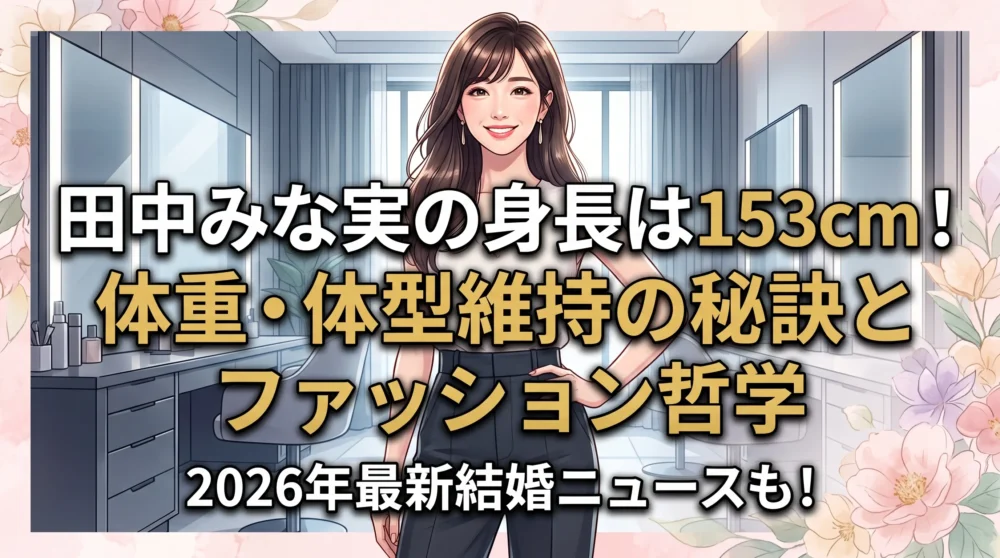 「田中みな実の身長は153cm！体重・維持の秘訣とファッション哲学」のタイトル文字が入った、華やかでクリックしたくなるブログアイキャッチ画像