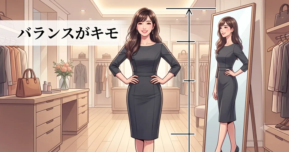 低身長（153cm）を魅力に変える、ハイウエストや上品な靴選びを意識した大人コーディネートのイラスト