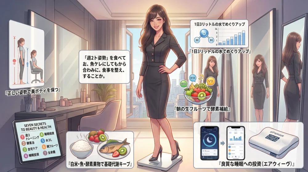 体重38kg〜40kgの美容意識の高さを表現した、デジタル体重計に数字が表示されるヘルシーな女性のイラスト