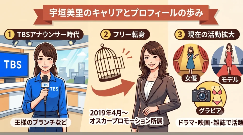 宇垣美里のTBSアナウンサー時代(王様のブランチ)からフリー転身、現在の多方面(女優、モデル、グラビア)での活動拡大を解説したキャリア年表風イラスト。