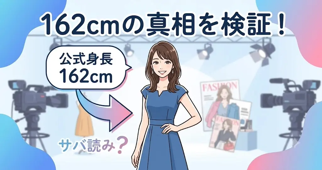 宇垣美里の身長162cmサバ読み疑惑を、テレビ出演時のスタジオやファッション撮影の現場風のイラストで検証。公式数値の信憑性を探る画像。