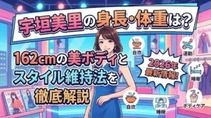 宇垣美里の身長162cmの美ボディとスタイル維持法（自炊、運動、睡眠、ボディケア）を2026年最新情報で解説するブログ記事のアイキャッチ画像。