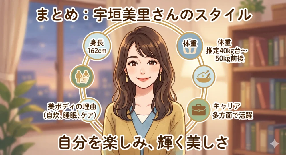 宇垣美里の身長(162cm)・体重(推定)、スタイル維持法(自炊、睡眠、ボディケア)を簡潔にまとめたイラスト図解。記事全体の要約。
