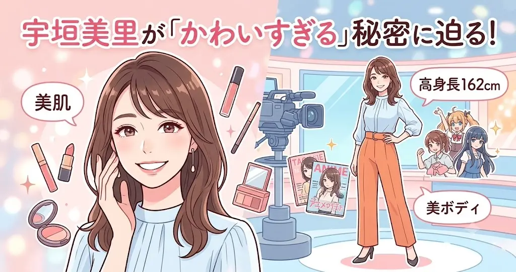 宇垣美里が「かわいすぎる」と評される理由を、顔立ちの美しさ、身長162cmのスタイルの良さ、メイク・ファッションの相乗効果で解説したイラスト。