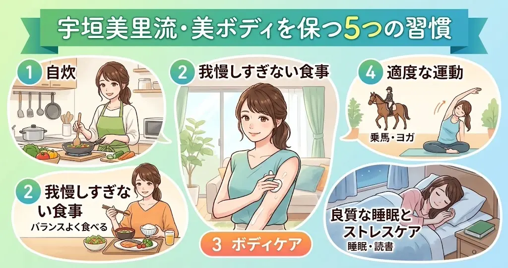宇垣美里流のスタイル維持法(自炊、我慢しすぎない食事、ボディケア、適度な運動、良質な睡眠とストレスケア)を5つのポイントで解説したイラスト図解。