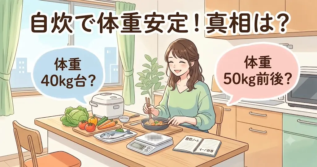 宇垣美里の体重(非公開)に関する「40kg台」「50kg前後」の推定値と、自炊で体重が落ち着いたという食生活改善のエピソードを表現したイラスト。