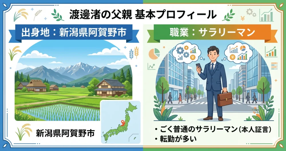 「渡邊渚の父親 基本プロフィール」というタイトルのイラスト風インフォグラフィック。左側に新潟県阿賀野市の豊かな田園風景と「出身地」の文字、右側にビジネススーツ姿の男性と「職業：サラリーマン（ごく普通、転勤が多い）」の文字が描かれている。