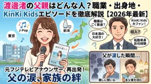 イラスト風ブログアイキャッチ画像。中央に笑顔でマイクとエッセイ本を持つ渡邊渚のイラスト、「渡邊渚の父親はどんな人？職業・出身地・KinKi Kidsエピソードを徹底解説【2026年最新】」の大きなタイトル、右側にスーツ姿の父親と涙する父親のイラストが描かれている。