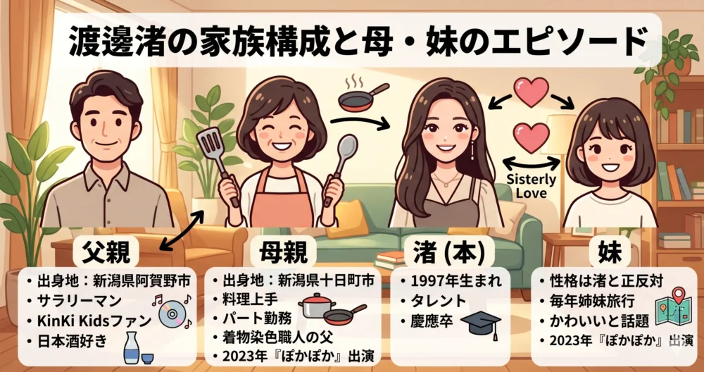 「渡邊渚の家族構成と母・妹のエピソード」というタイトルのイラスト風インフォグラフィック。笑顔の父親、料理上手の母親、渡邊渚、妹のイラストが並び、それぞれの出身地や特徴、母と妹の2023年『ぽかぽか』出演などのエピソードが日本語で紹介されている。