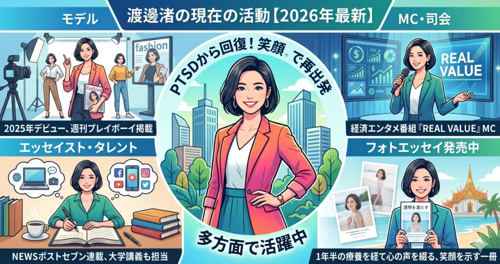 「渡邊渚の現在の活動【2026年最新】」というタイトルのイラスト風インフォグラフィック。笑顔の渡邊渚のイラストを中心に、「モデル（2025年デビュー）」、「MC・司会（経済エンタメ番組）」、「エッセイスト・タレント（連載、大学講義）」、「フォトエッセイ発売中（『透明を満たす』）」の4つの活動が日本語で描かれている。