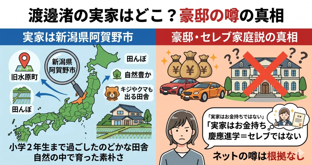 「渡邊渚の実家はどこ？豪邸の噂の真相」というタイトルのイラスト風インフォグラフィック。左側に新潟県阿賀野市（旧水原町）の地図と田園風景、右側に豪邸と札束に「噂」のバツ印と、渡邊渚のイラストと共に「実家はお金持ちではない」という言葉が日本語で描かれている。