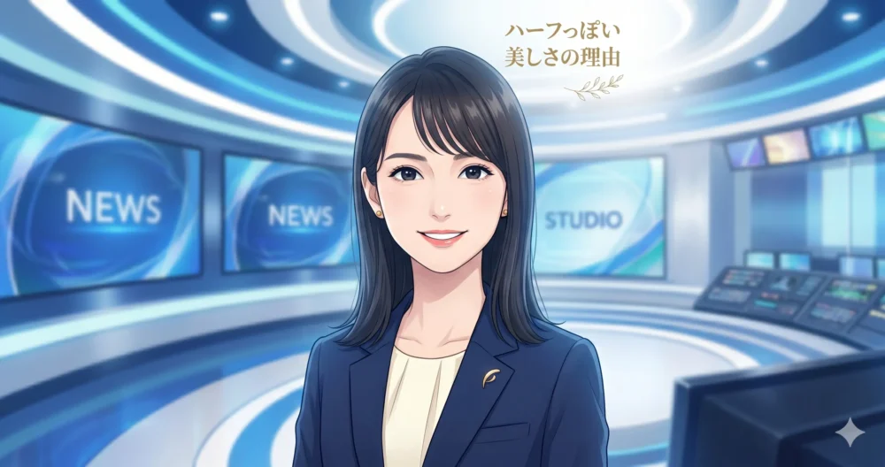 はっきりとした目鼻立ちと透明感のある肌を持つ知的な女性アナウンサー風イラスト