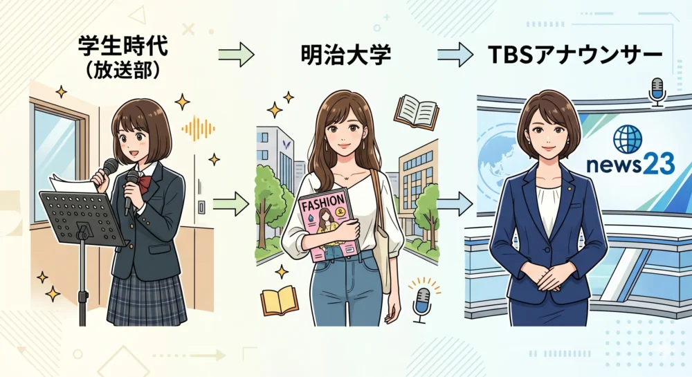 放送部の活動からニュース番組のキャスターへと成長する経歴の図解イラスト