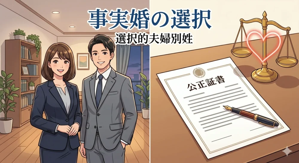 選択的夫婦別姓や事実婚の公正証書をイメージした知的なカップルのイラスト