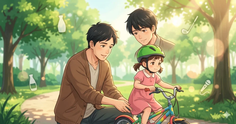 寡黙だけど優しい父親との自転車の練習や、お酒・詩吟の趣味を表現した心温まるイラスト