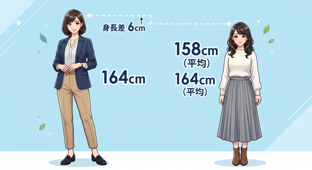身長164cmの日本人女性と平均身長158cmの女性のスタイル比較図解イラスト