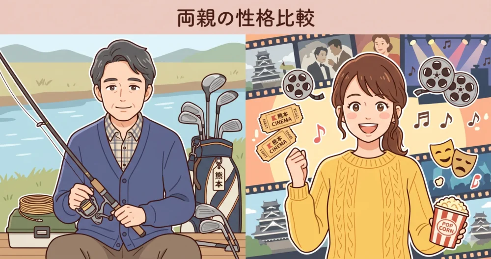 寡黙な父親と明るい母親という対照的な夫婦の性格をわかりやすく表現した、温かみのある家族のイラスト