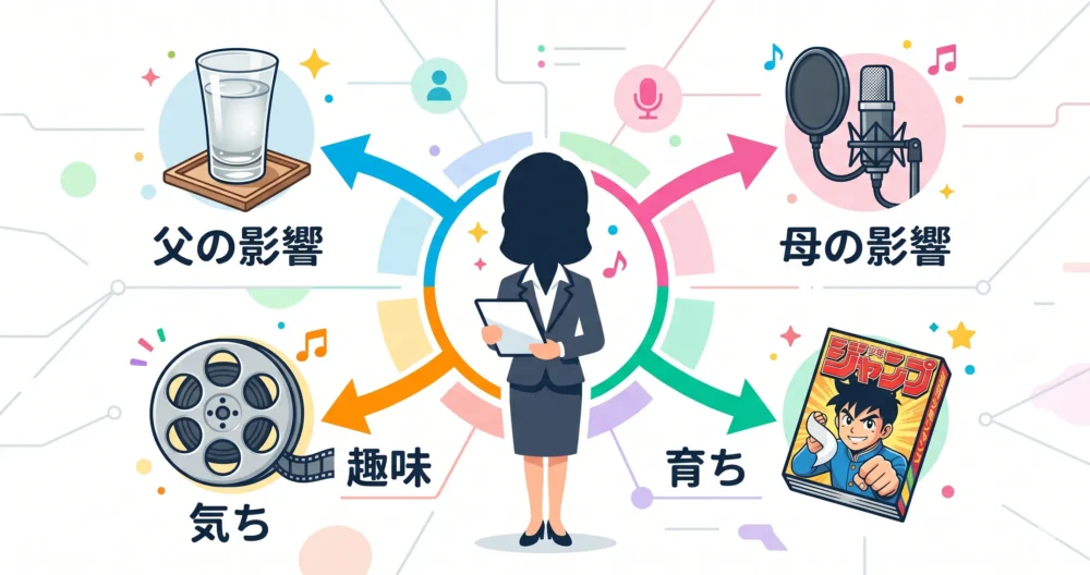 父親からのお酒好き・声への情熱と、母親からのエンタメ好き、男兄弟からのサバサバした性格を受け継いだ個性のマインドマップ図解