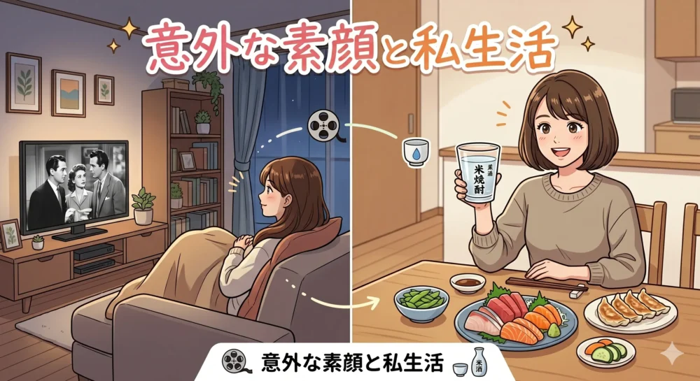 映画鑑賞やお酒を楽しみながらリラックスするプライベートの女性のイラスト