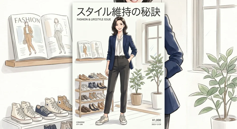 スタイリッシュな衣装とコンバースのスニーカーを合わせた高身長女性のイラスト