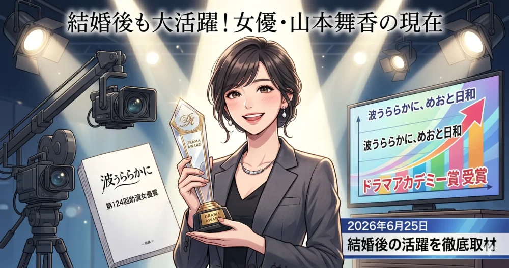結婚後も朝ドラ出演や助演女優賞の受賞など、女優・タレントとして精力的に走り続ける山本舞香の活躍イメージイラスト。